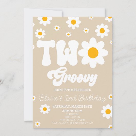 レトロデイジーフラワーツーグルーヴィー2番目の誕生日パーティー 招待状 (正面)