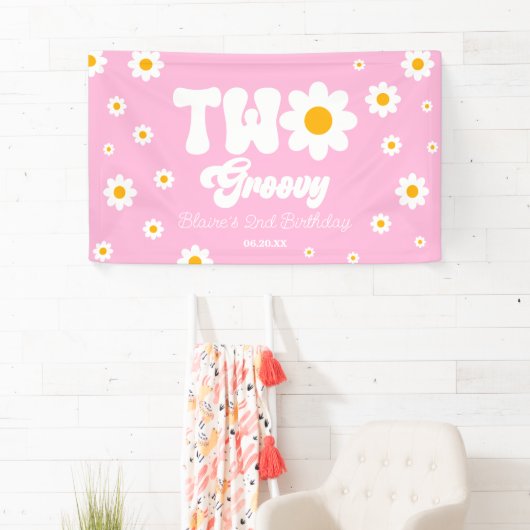 レトロデイジーフラワーツーグルーヴィー2番目の誕生日パーティー 横断幕 (インサイチュ)