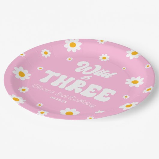 レトロデイジーフラワーワイルド&3歳パーティー ペーパープレート (アングル)