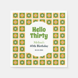 レトロデイジーフラワー市松模様にハローサーティ誕生日 スタンダードカクテルナプキン