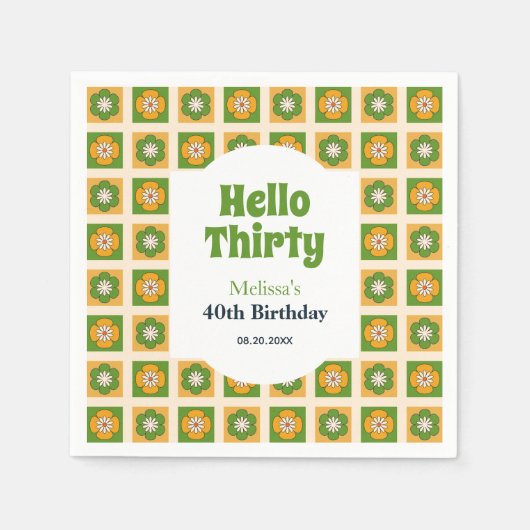 レトロデイジーフラワー市松模様にハローサーティ誕生日 スタンダードカクテルナプキン (正面)