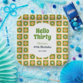 レトロデイジーフラワー市松模様にハローサーティ誕生日 ペーパープレート (パーティー)