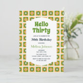 レトロデイジーフラワー市松模様にハローサーティ誕生日 招待状 (スタンド正面)