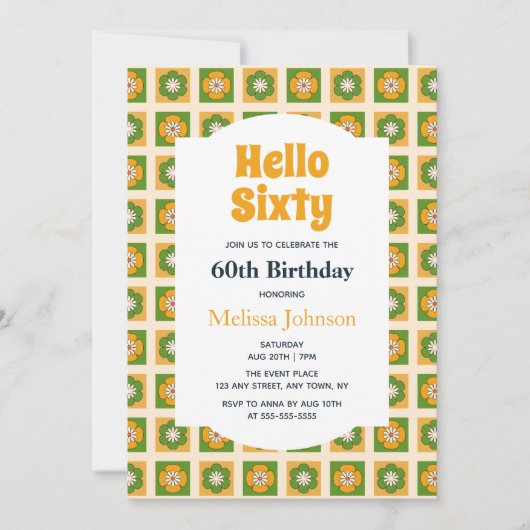 レトロデイジーフラワー市松模様にハローシックス誕生日 招待状 (正面)