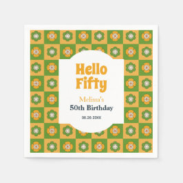 レトロデイジーフラワー市松模様にハローフィフティ誕生日 スタンダードカクテルナプキン