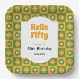 レトロデイジーフラワー市松模様にハローフィフティ誕生日 ペーパープレート