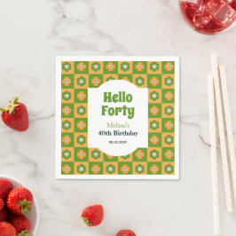 レトロデイジーフラワー市松模様にハローフォーティ誕生日 スタンダードカクテルナプキン