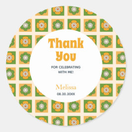 レトロデイジーフラワー市松模様に誕生日ありがとう ラウンドシール