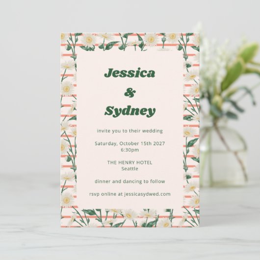レトロデイジーフローラガーデングリーンユニーク結婚ズ 招待状 (スタンド正面)