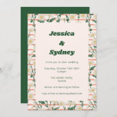 レトロデイジーフローラガーデングリーンユニーク結婚ズ 招待状 (正面/裏面)