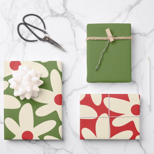 レトロデイジーフローラクリスマスパターン ラッピングペーパーシート (正面)