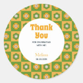 レトロデイジーフローラ市松模様に誕生日ありがとう ラウンドシール (正面)