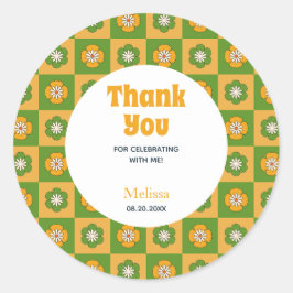 レトロデイジーフローラ市松模様に誕生日ありがとう ラウンドシール