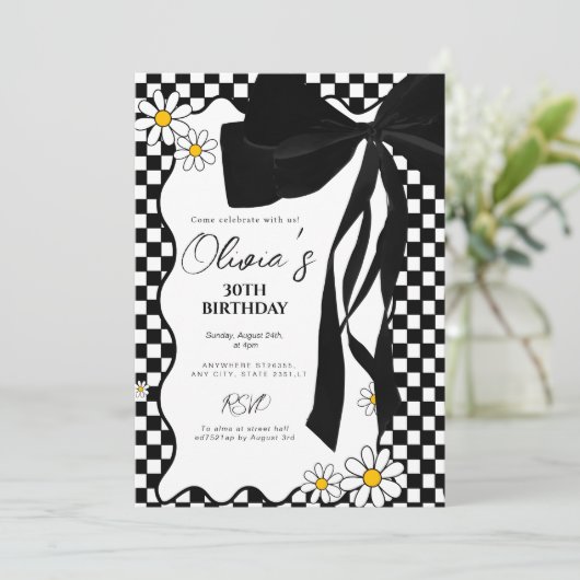レトロデイジーブラックボウ30歳の誕生日 招待状 (スタンド正面)