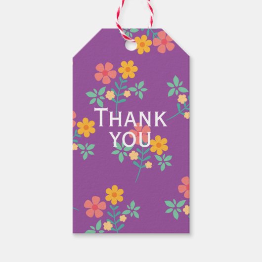 レトロデイジーブーケパターンインパープルありがとう ギフトタグ (正面)