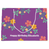 レトロデイジーブーケパターンカスタマイズイン紫 ラージペーパーバッグ (正面)