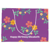 レトロデイジーブーケパターンカスタマイズイン紫 ラージペーパーバッグ (裏面)