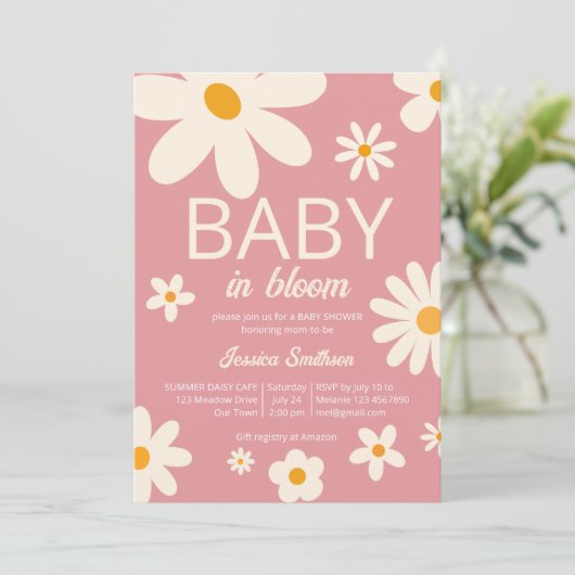 レトロデイジーベビー開花砂漠ピンクの赤ちゃんシャワー 招待状 (スタンド正面)
