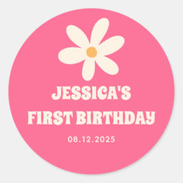 レトロデイジーホットピンク子供の1歳の誕生日パーティー ラウンドシール