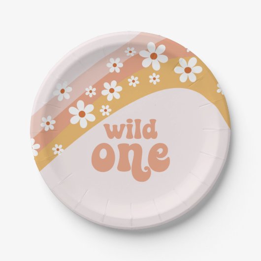 レトロデイジーボホワイルドワンレインボー紙プレート ペーパープレート (正面)