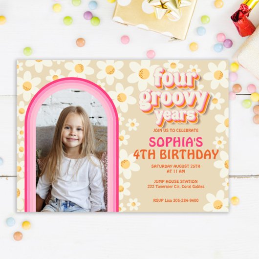 レトロデイジーレインボー4thバースデーフォト招待状 ノートカード