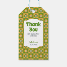 レトロデイジー市松模様にフローラグリーンサンキュー ギフトタグ