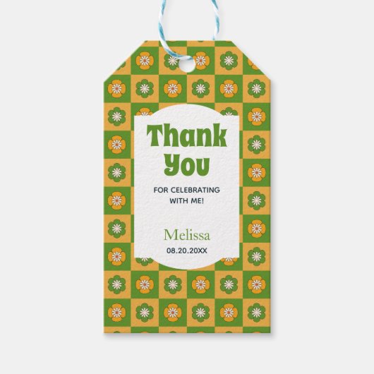 レトロデイジー市松模様にフローラグリーンサンキュー ギフトタグ (正面)