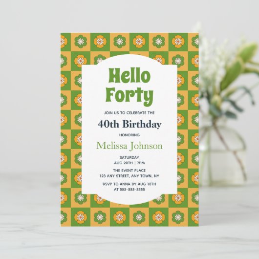 レトロデイジー市松模様にフローラハローフォーティ誕生日 招待状 (スタンド正面)