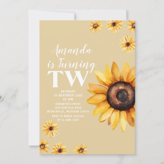 レトロデイジー花第2誕生日ひまわり 招待状 (正面)