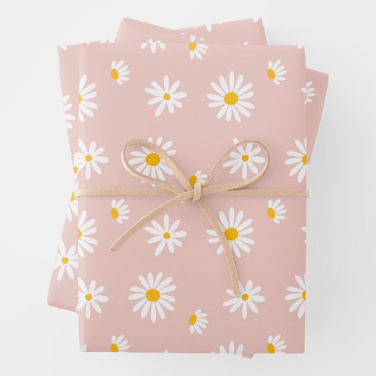 レトロデイジー花赤面ピンクベビーガール誕生日 ラッピングペーパーシート (インサイチュ)