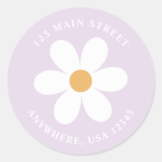 レトロデイジー薄紫ボー差出人住所ラベル ラウンドシール (正面)
