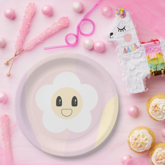 レトロデイジー赤面ピンクベビーガール誕生日 ペーパープレート (パーティー)
