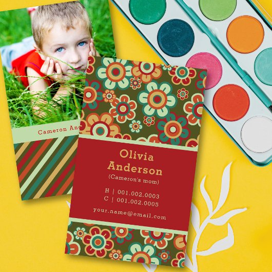 レトロデイジー開花ストライプとPatternフォトママ コーリングカード