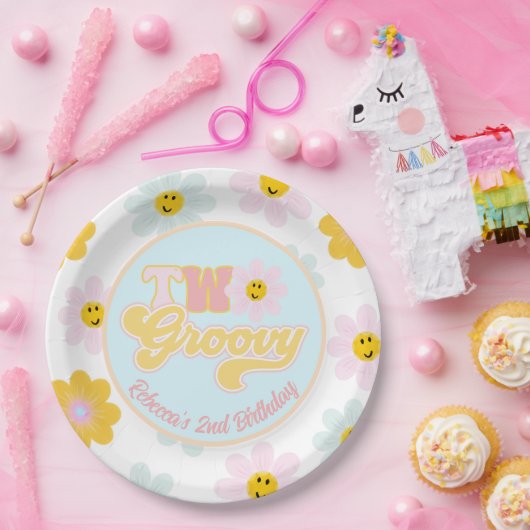 レトロデイジー2グルーヴィ誕生日カスタム紙プレート ペーパープレート (パーティー)