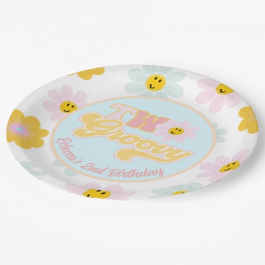 レトロデイジー2グルーヴィ誕生日カスタム紙プレート ペーパープレート (アングル)