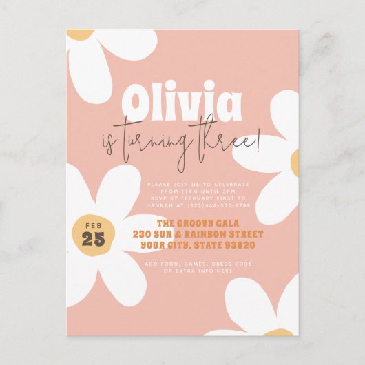 レトロデイジーGroovy誕生日パーティー予算はがき インビテーションポストカード (正面)