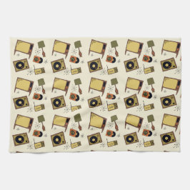 レトロデザインのT.V.のレコード キッチンタオル