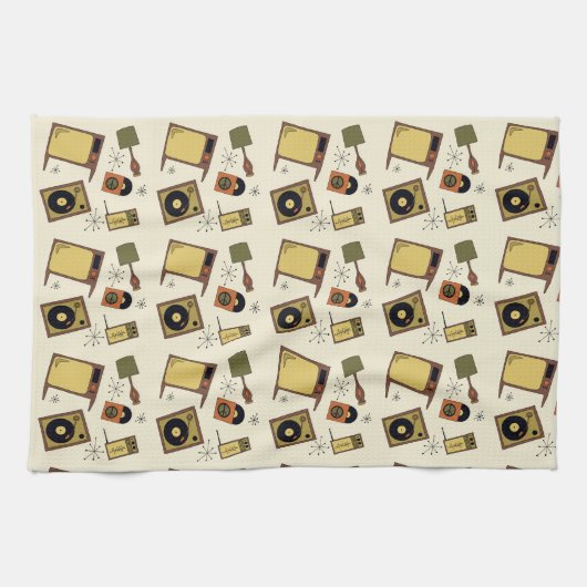 レトロデザインのT.V.のレコード キッチンタオル (横)