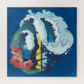 レトロデザインビーチ、ヤシの木、海 ジグソーパズル (横)