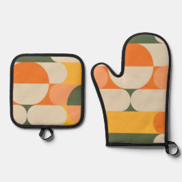 レトロデザインヴィンテージパターングリーンオレンジカラー 鍋つかみ&鍋敷きセット