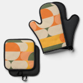 レトロデザインヴィンテージパターングリーンオレンジカラー 鍋つかみ&鍋敷きセット (正面/裏面)