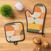 レトロデザインヴィンテージパターングリーンオレンジカラー 鍋つかみ&鍋敷きセット (トップダウン)