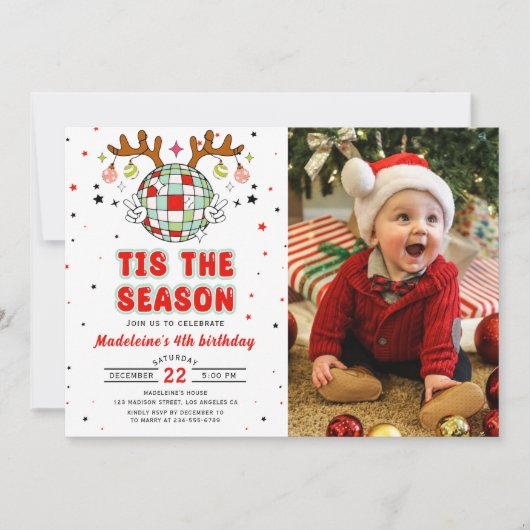 レトロトナカイのクリスマスバースデーパーティーの写真 招待状 (正面)