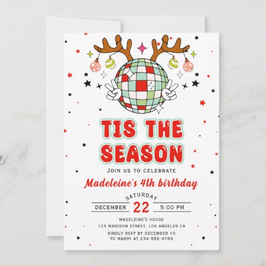 レトロトナカイのクリスマス誕生日パーティー 招待状 (正面)