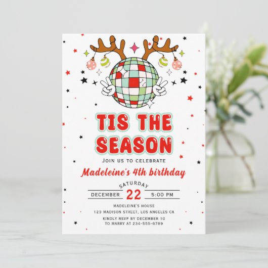 レトロトナカイのクリスマス誕生日パーティー 招待状 (スタンド正面)
