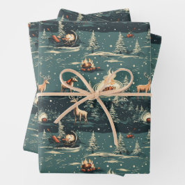 レトロトナカイのクリスマス ラッピングペーパーシート