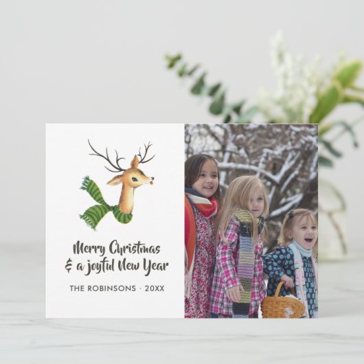 レトロトナカイBurlapクリスマスファミリーフォト シーズンカード (スタンド正面)
