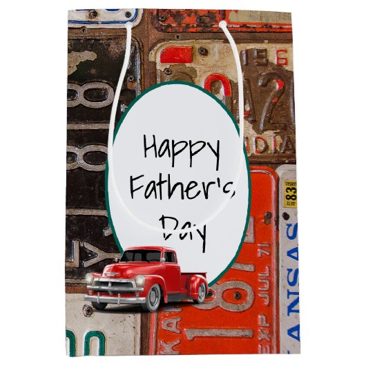 レトロトラックと旧ライセンスプレート ミディアムペーパーバッグ (正面)