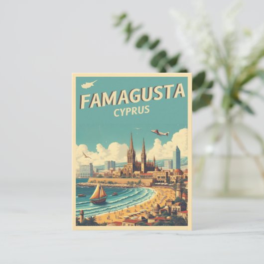 レトロトラベルファマゲスタビーチキプロスギフト ポストカード (スタンド正面)