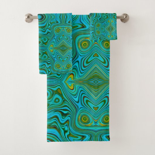 レトロトリップ（幻覚体験）のようなターコイズチャートレイズ抽象芸術パターン バスタオルセット (インサイチュ)